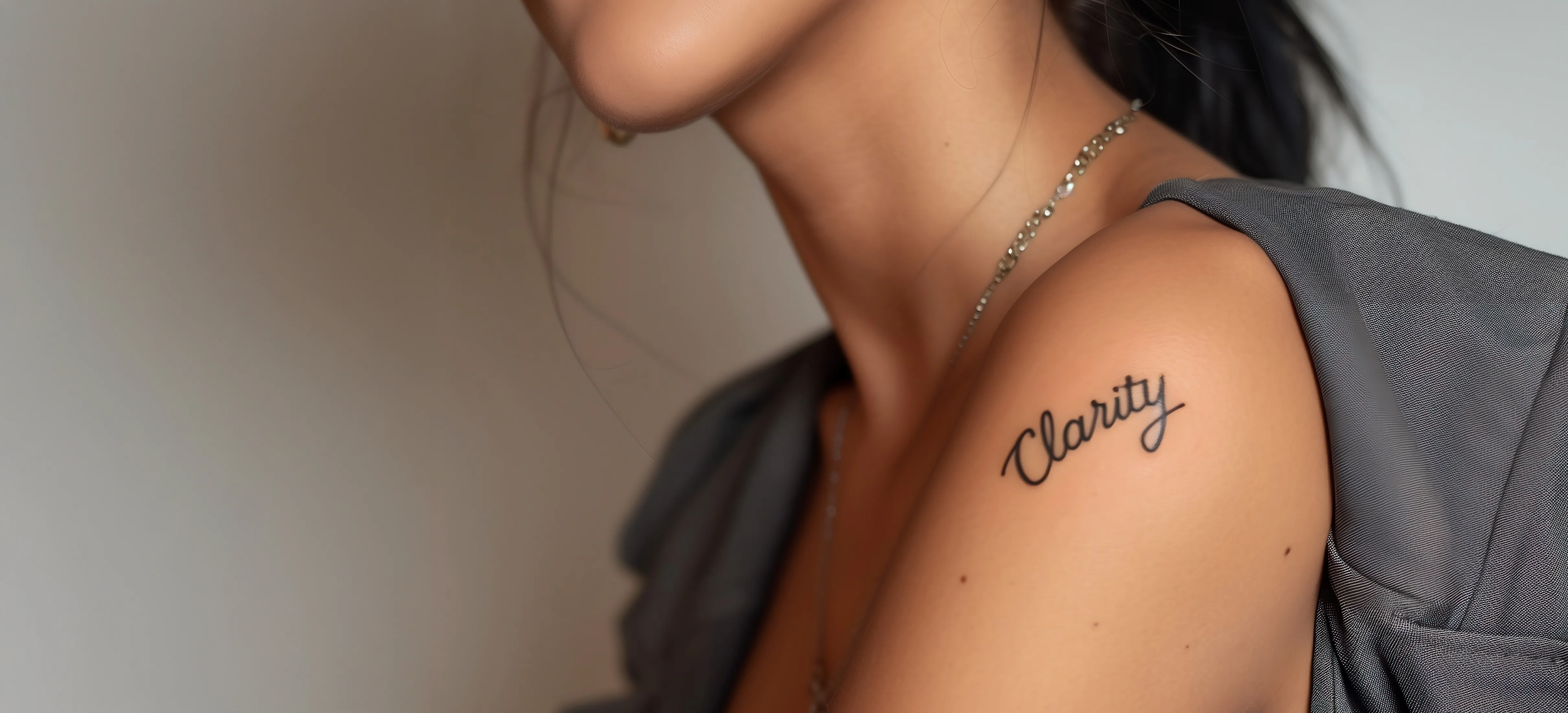 Schulter einer Frau, die ein Tattoo in Form des Wortes Clarity zeigt